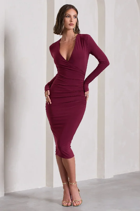 Marcia | Burgundy Bodycon Plunge-Neck Midi Dress Midi Skirt Blouse