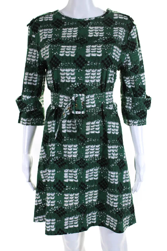 Marni Summer 2013 Womens Belted Half Sleeve Bird Printed Dress Green Long sleeve unclassified dresses