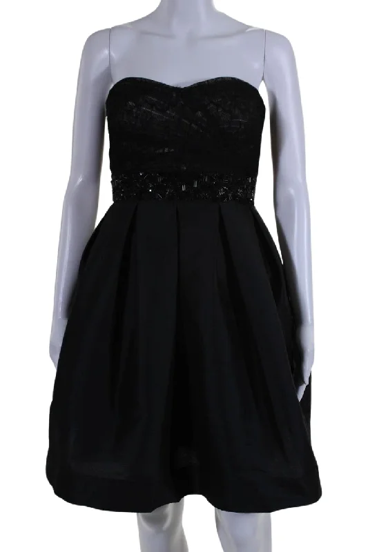 Monique Lhuillier Womens Sweetheart Neck Beaded Waist A Line Dress Black Dark color unclassified dresses