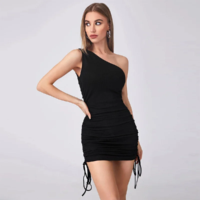 One Shoulder Slant Shoulder Pleated Bandage Knitted Dress High-low unclassified dresses