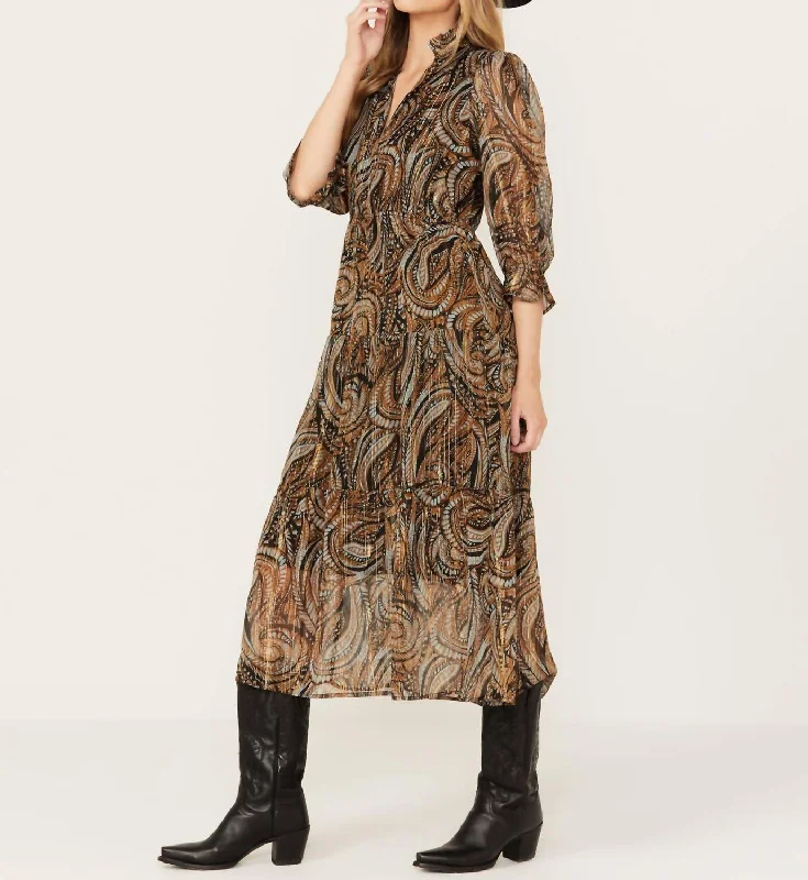 Paisley Print Dress In Brown Long sleeve unclassified dresses