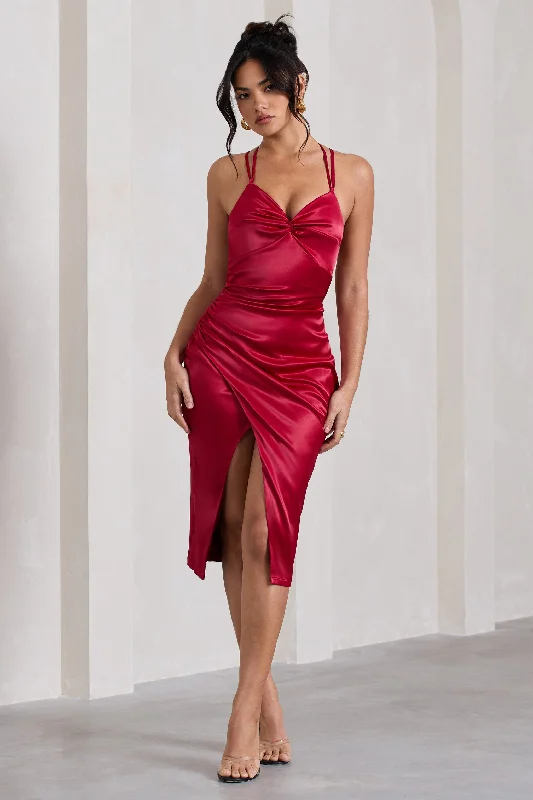 Penelope | Red Satin Twist Front Strappy Midi Dress Ruffled Midi Skirt