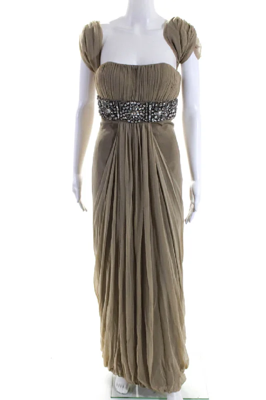 Randi Rahm Womens Strapless Rhinestone Bubble Hem Gown With Shrug Beige Vacation unclassified dresses