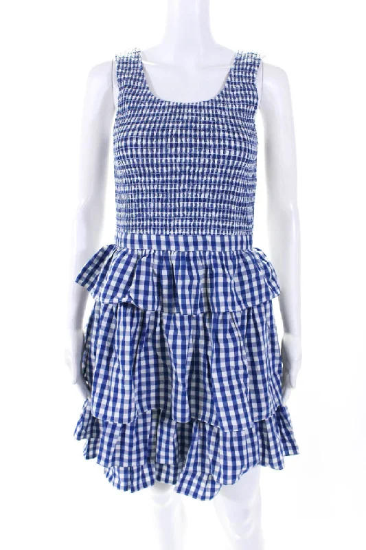 Rhode Womens Back Zip Smocked Tiered Gingham Dress Blue White Cotton Anniversary unclassified dresses