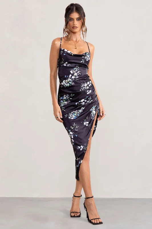 Risk It All | Black Floral Print Cowl Neck Satin Asymmetric Hem Midi Dress Cotton Midi Skirt