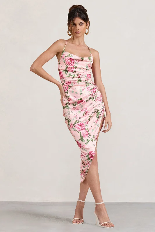 Risk It All | Blush Pink Floral Print Satin Cowl Asymmetric Midi Dress Soft A-line Skirt