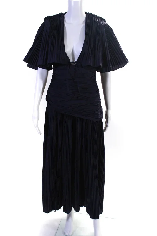 Rosie Assoulin Womens Knife Pleat Capelette Dress Navy Blue Unique unclassified dresses