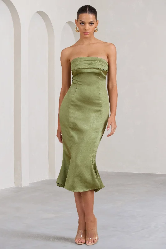 Sauvignon | Olive Satin Bandeau Midi Dress With Cowl Back Trendy Midi Skirt