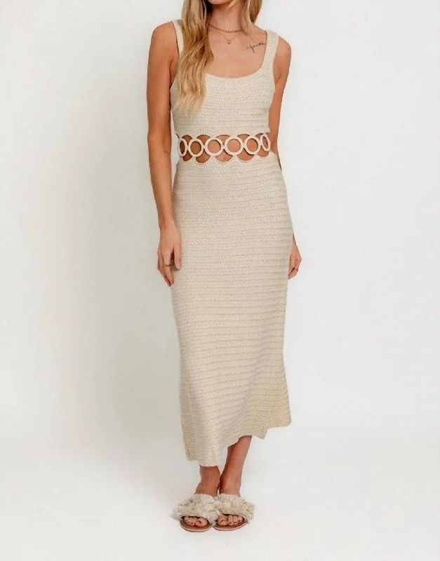 Square Neck Midi Dress With Midriff Cutout In Cream Polka Dot Midi