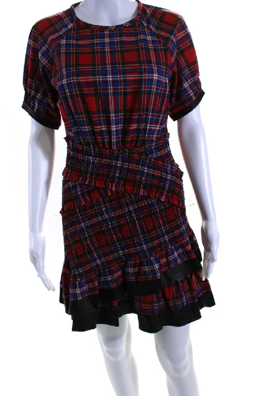 Tanya Taylor Womens Asymmetric Smocked Plaid Sheath Dress Red Blue Green Open-back unclassified dresses