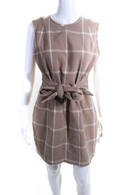 Toccin Womens Brown Nude Plaid Front Tie Sheath Color block unclassified dresses