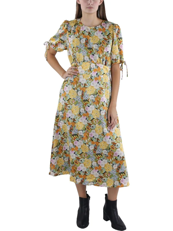 Womens Floral Print Mid Calf Midi Dress Midi Skirt with Pockets