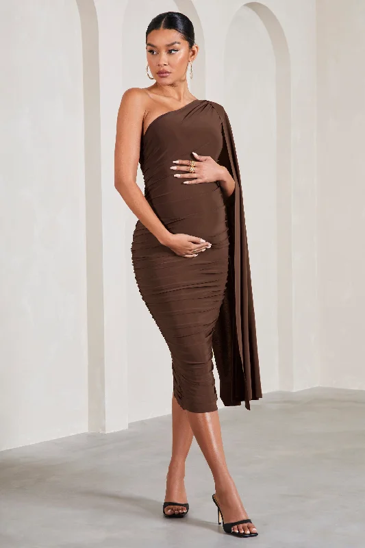 Yara | Chocolate Maternity One Sleeve Ruched Maternity Midi Dress with Cape Sleeve Warm Midi Skirt