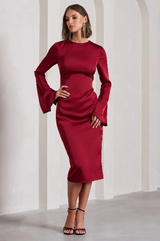 Zaina | Burgundy Long Sleeve Midi Dress with High Neckline Skater Midi Skirt